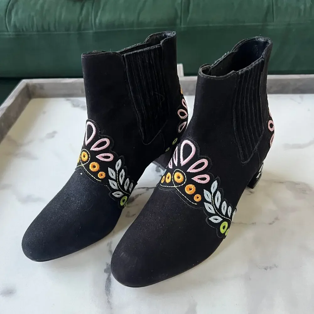 Sophia Webster Liliana Black Suede Embroidered Booties Size 38.5